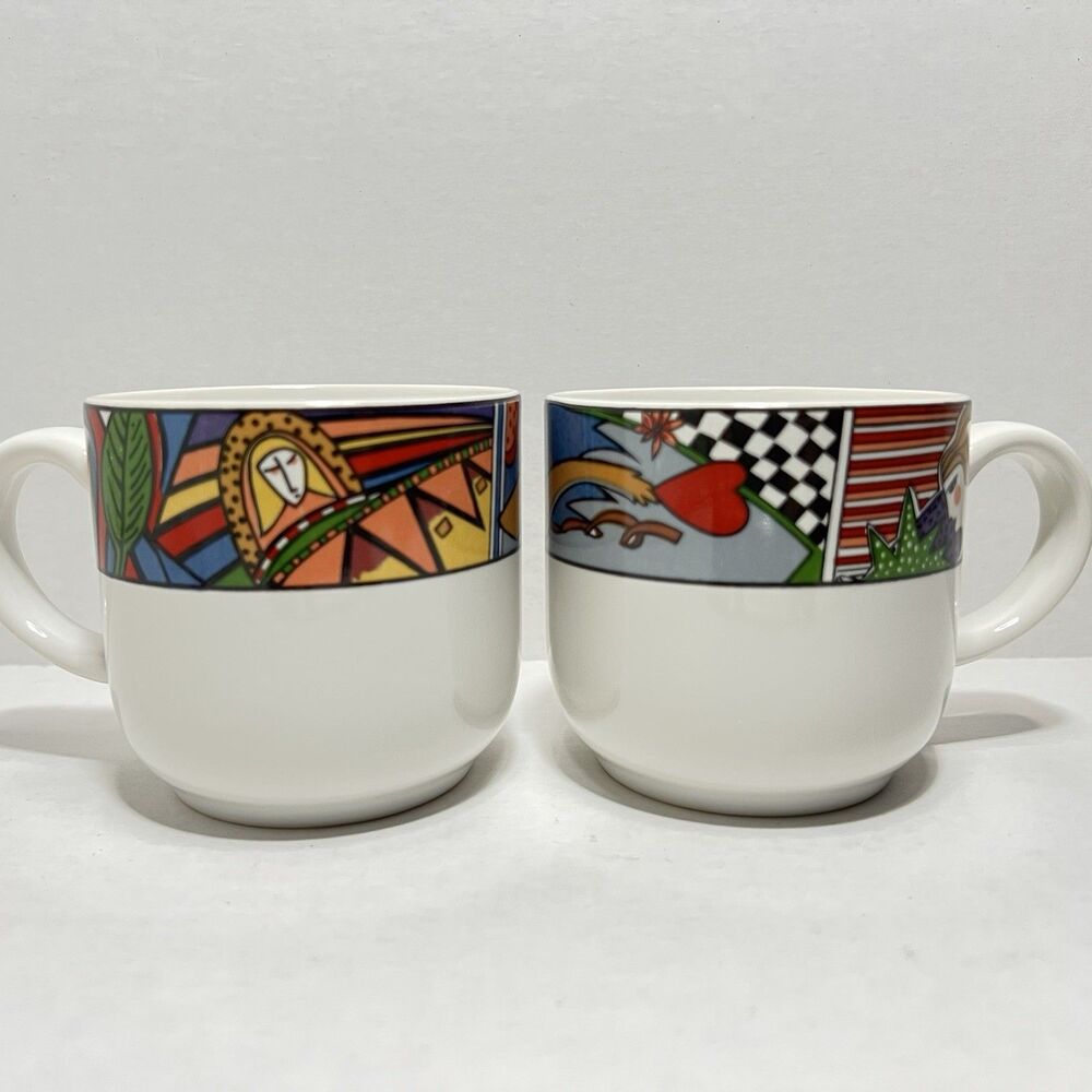 2 VITROMASTER 1991 Metropolitan Cup Mug  Stoneware RETRO Art Deco Indonesia VNTG